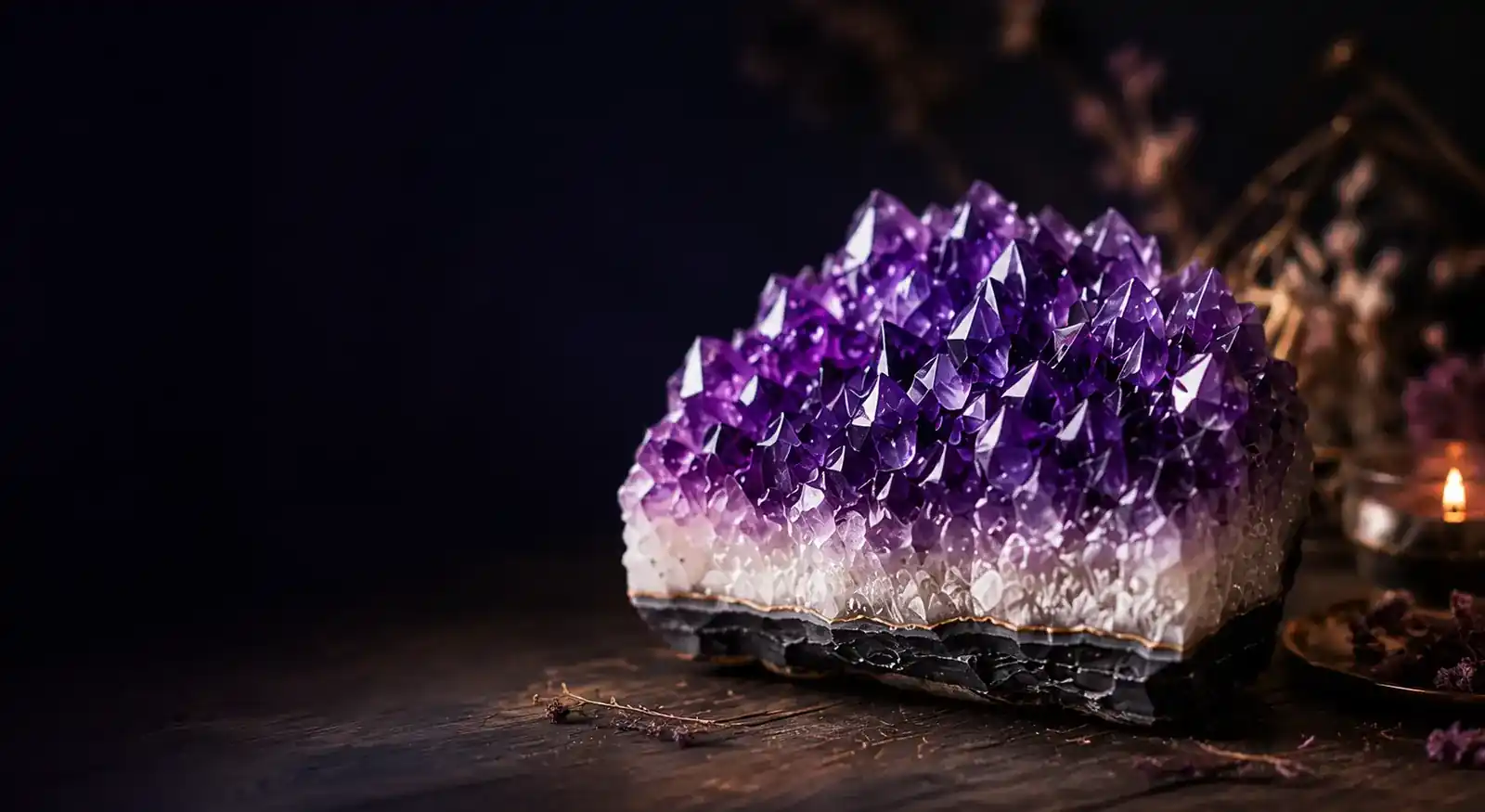 Amethyst crystals and polished stones