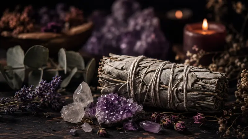 Crystal blog tips and mindful living insights Sage bundle with crystals and dried flowers