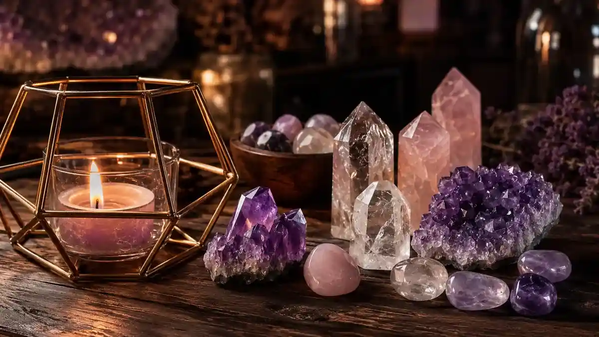Crystals and candle arrangement from Stones In Glass Houses Candle with polished crystals and amethyst stones